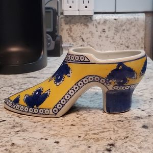 Blue & White Chinoiserie Porcelain  Shoe with Yellow